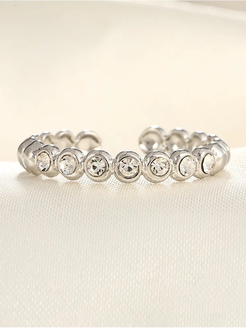 Elegant Silver Crystal Bezel-Set Open Ring